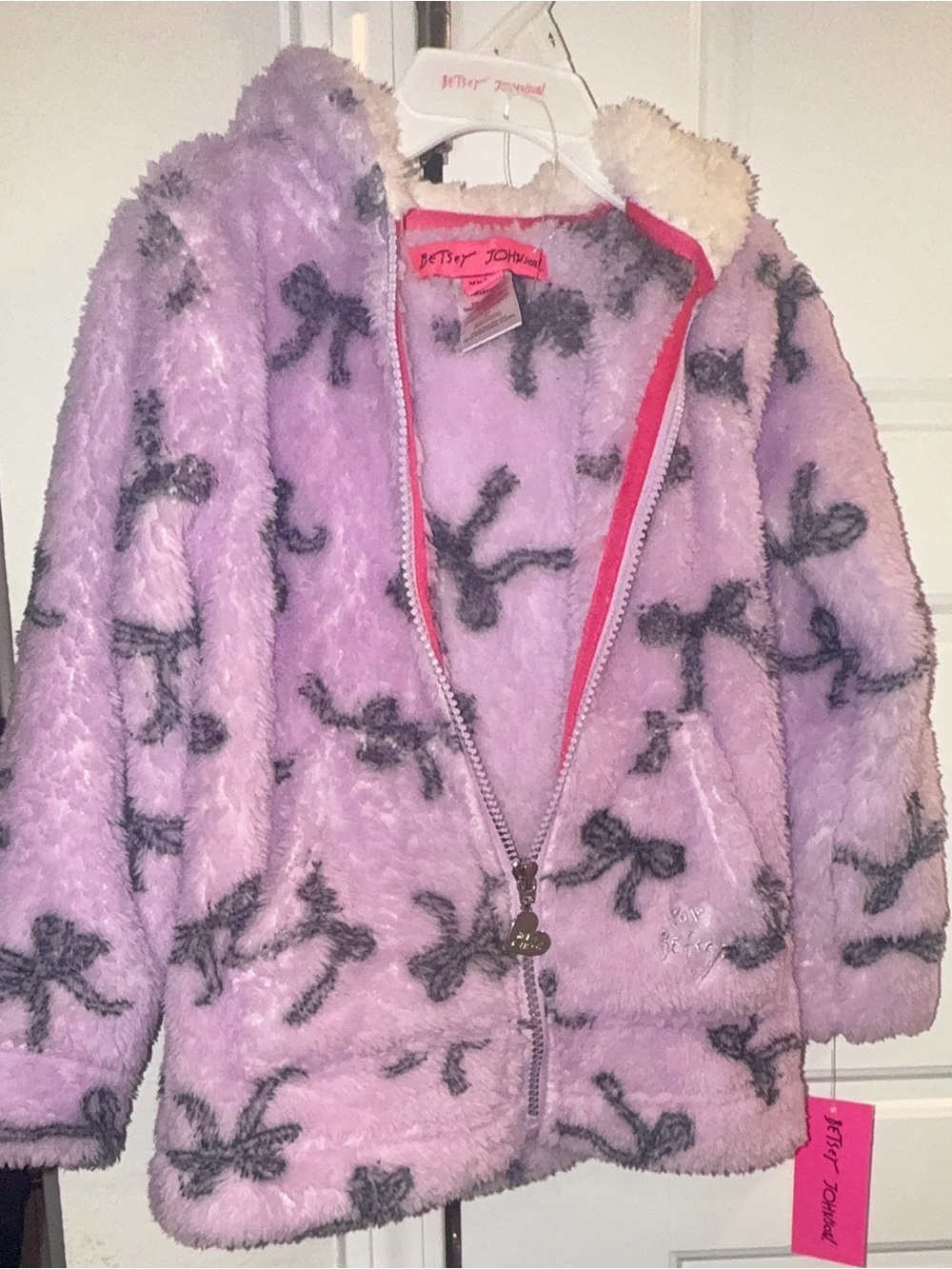Betsey Johnson Girls' Lavender Faux-Fur Hooded Puffer with Gray Bow Print